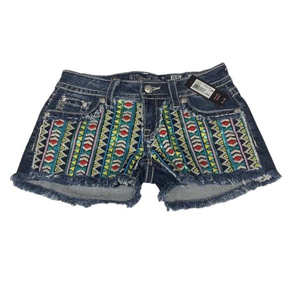 NWT Miss Me JW7156H4 Multi Color Embroidered Blue Frayed Hem Signature Shorts 25